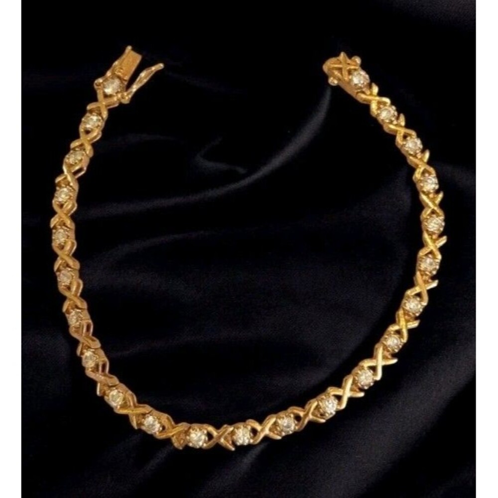 Vintage 925 Sterling Gold Vermeil  Plated CZ Tennis Bracelet X's & O's Link 7"